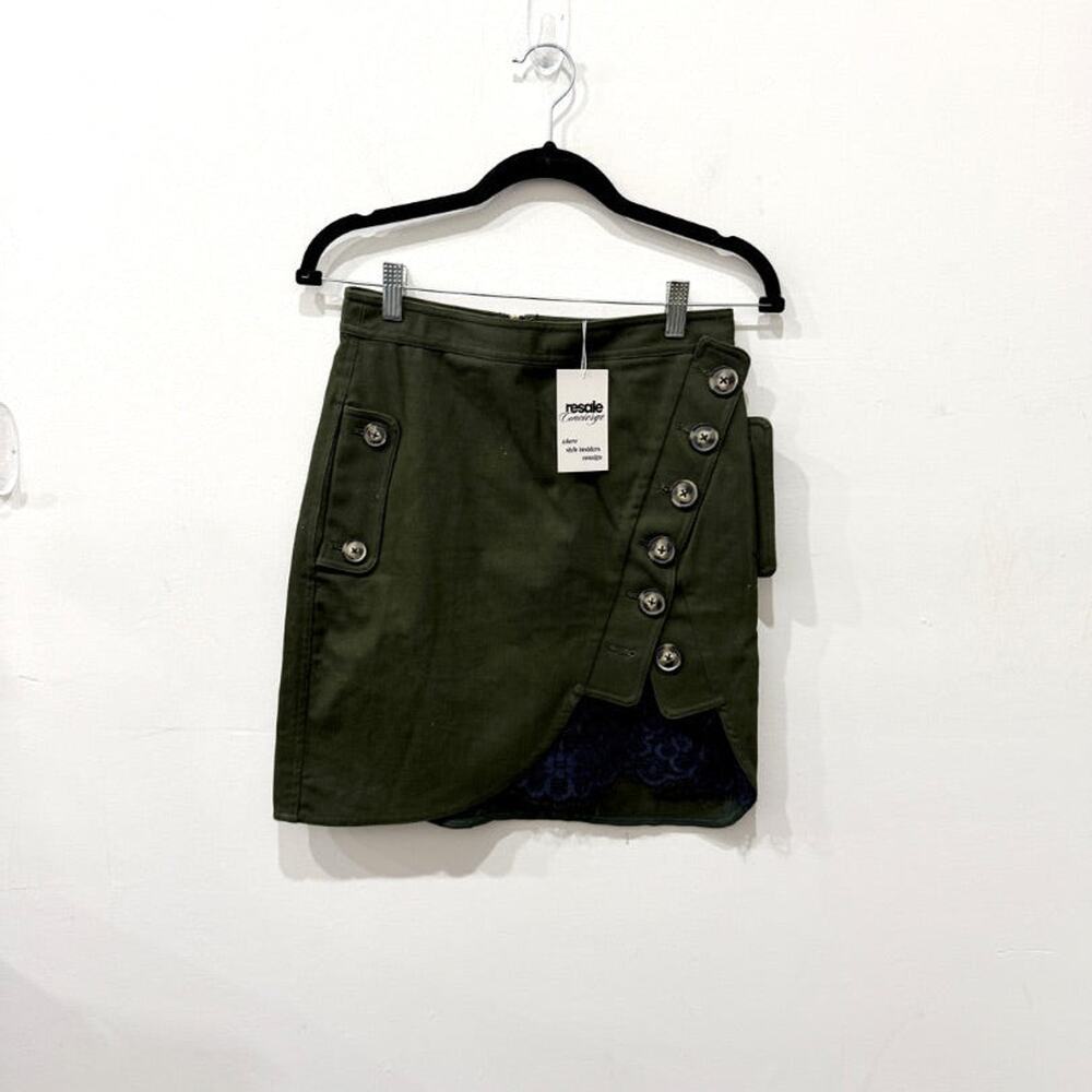 Self Portrait High Waisted Lace Trim Buttoned Utility Mini Skirt Olive Women's 4 - Picture 2 of 5